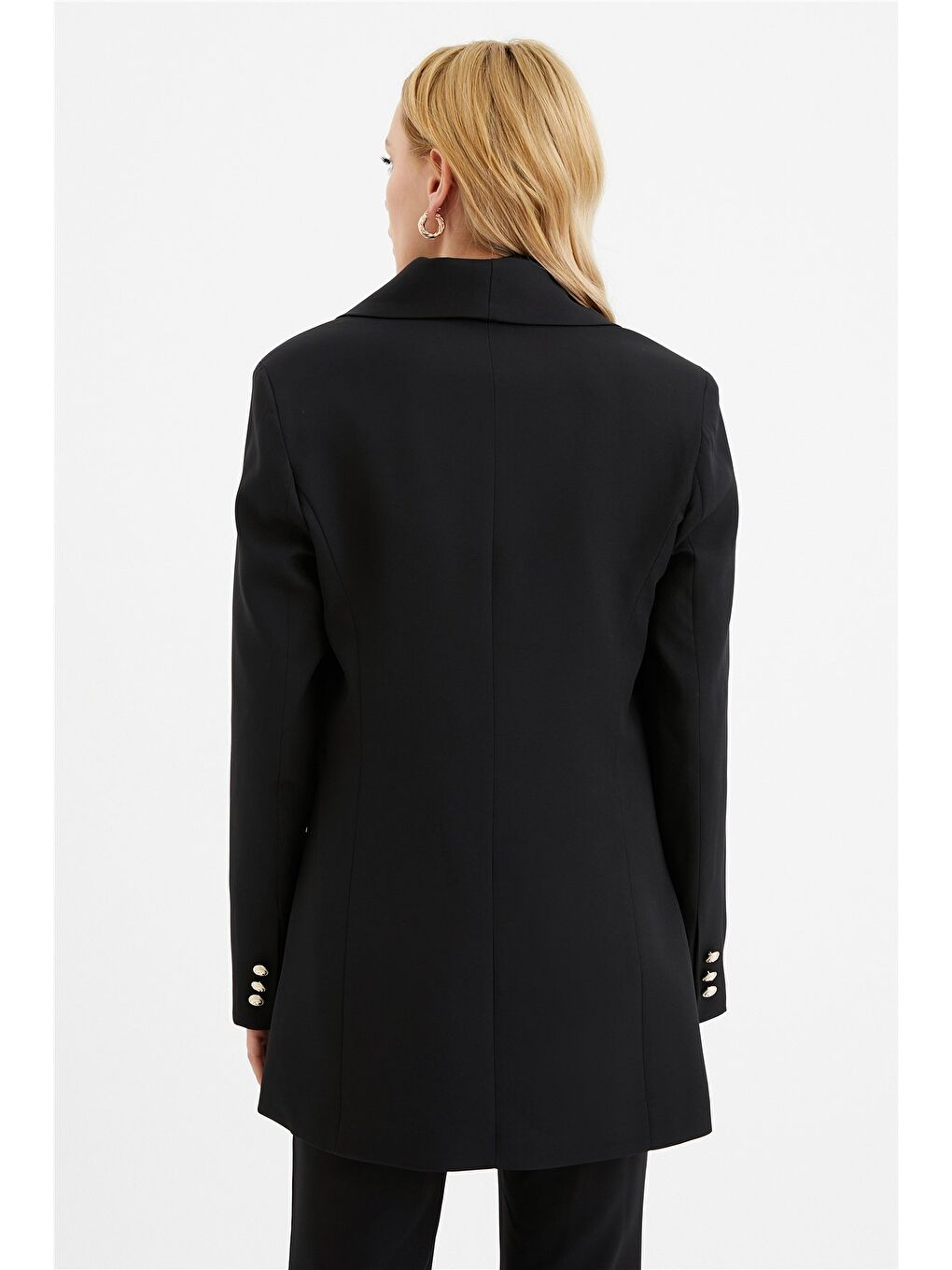 Düğme Detaylı Uzun Ceket - Siyah
