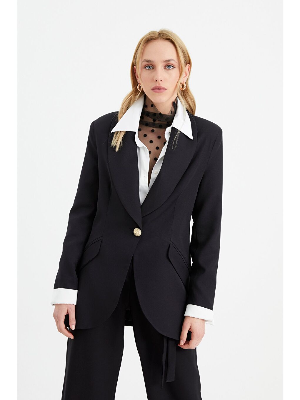 Düğme Detaylı Uzun Ceket - Siyah-1