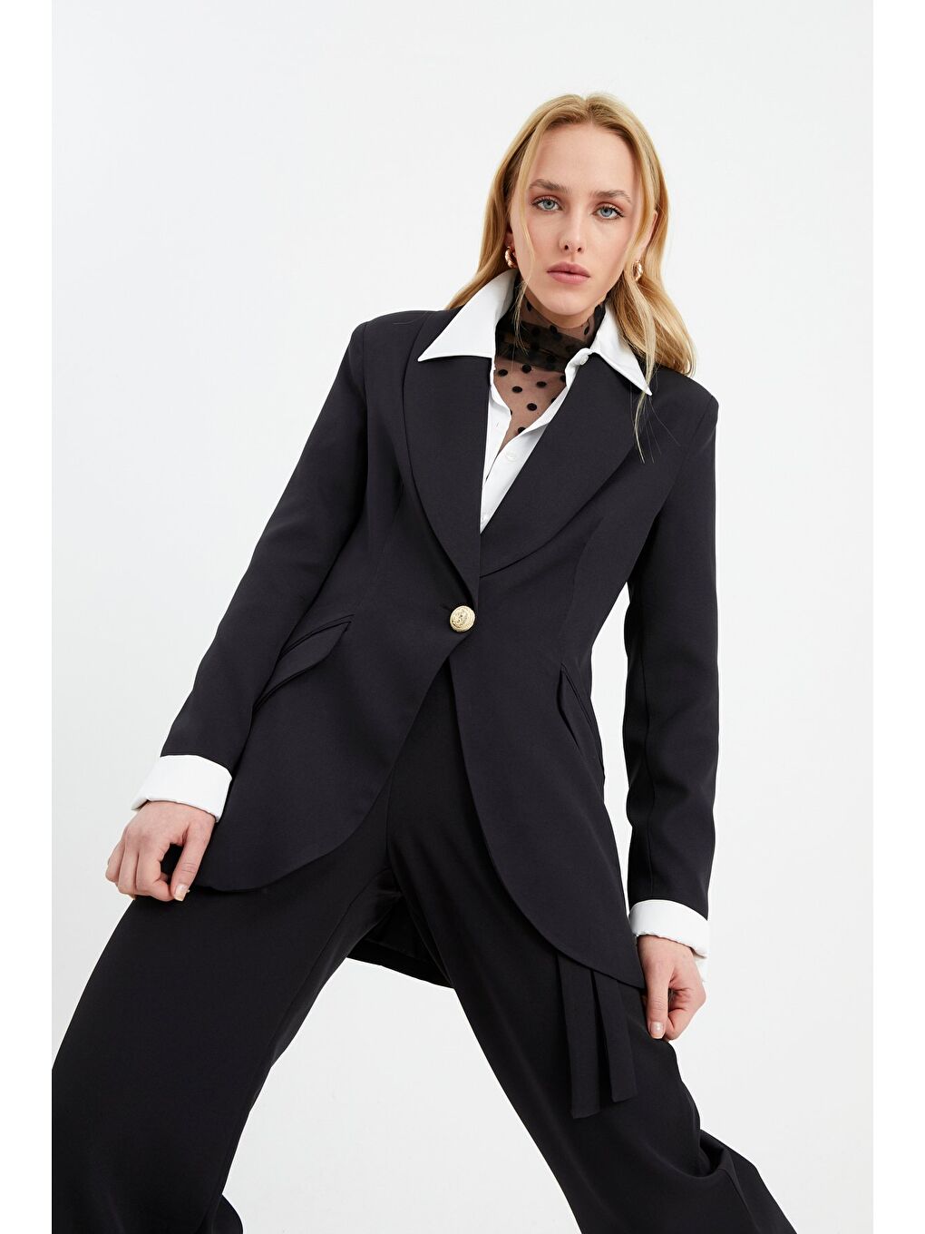 Düğme Detaylı Uzun Ceket - Siyah-2