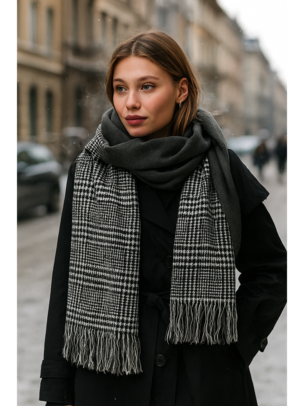 Kadın Antrasit Çift Taraflı Kazayağı Desenli Atkı - Şal 70x185 Cm Sal1212-2