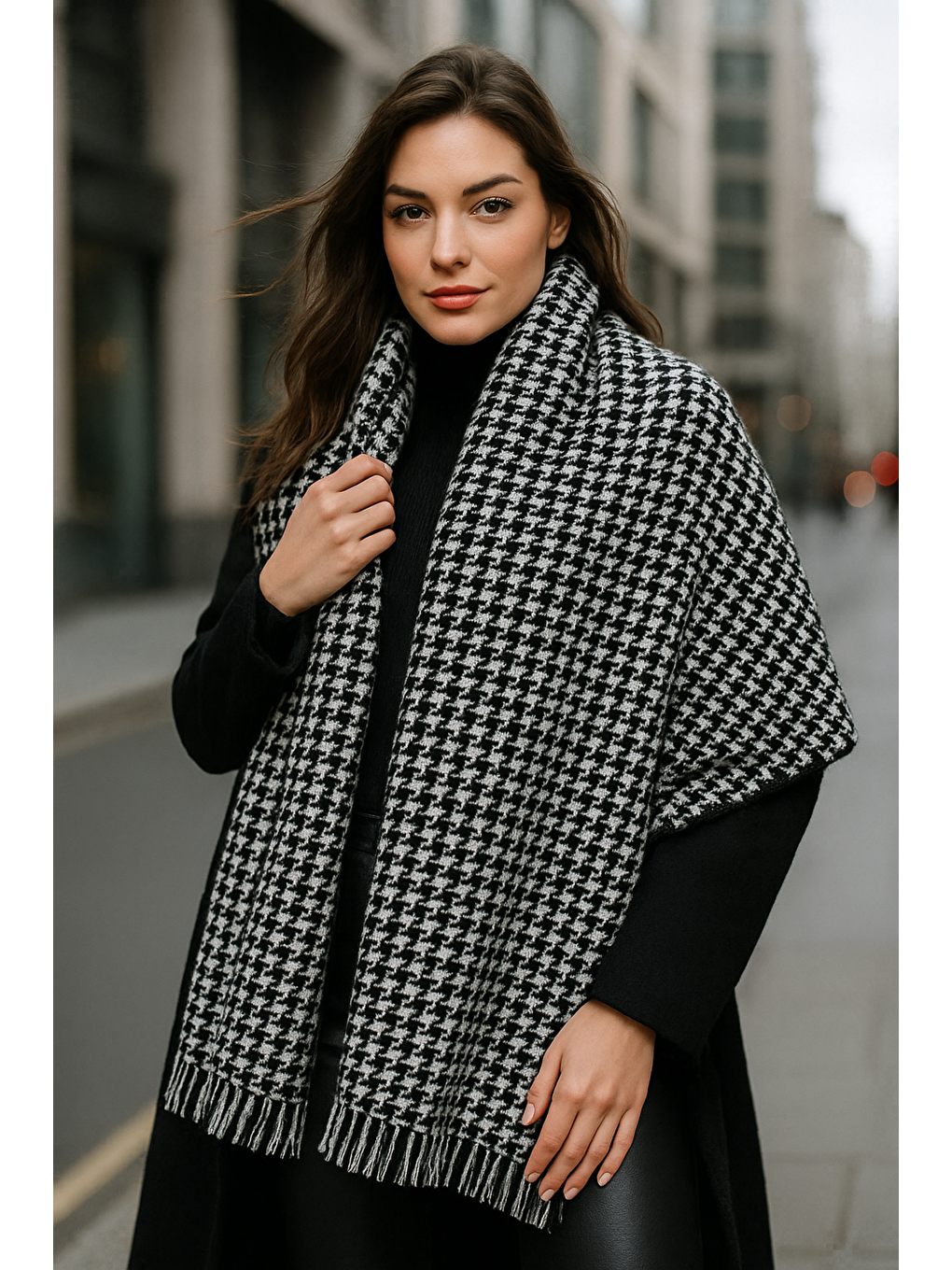 Kadın Siyah Kazayağı Desenli Atkı - Şal 70x180 Cm Sal1220