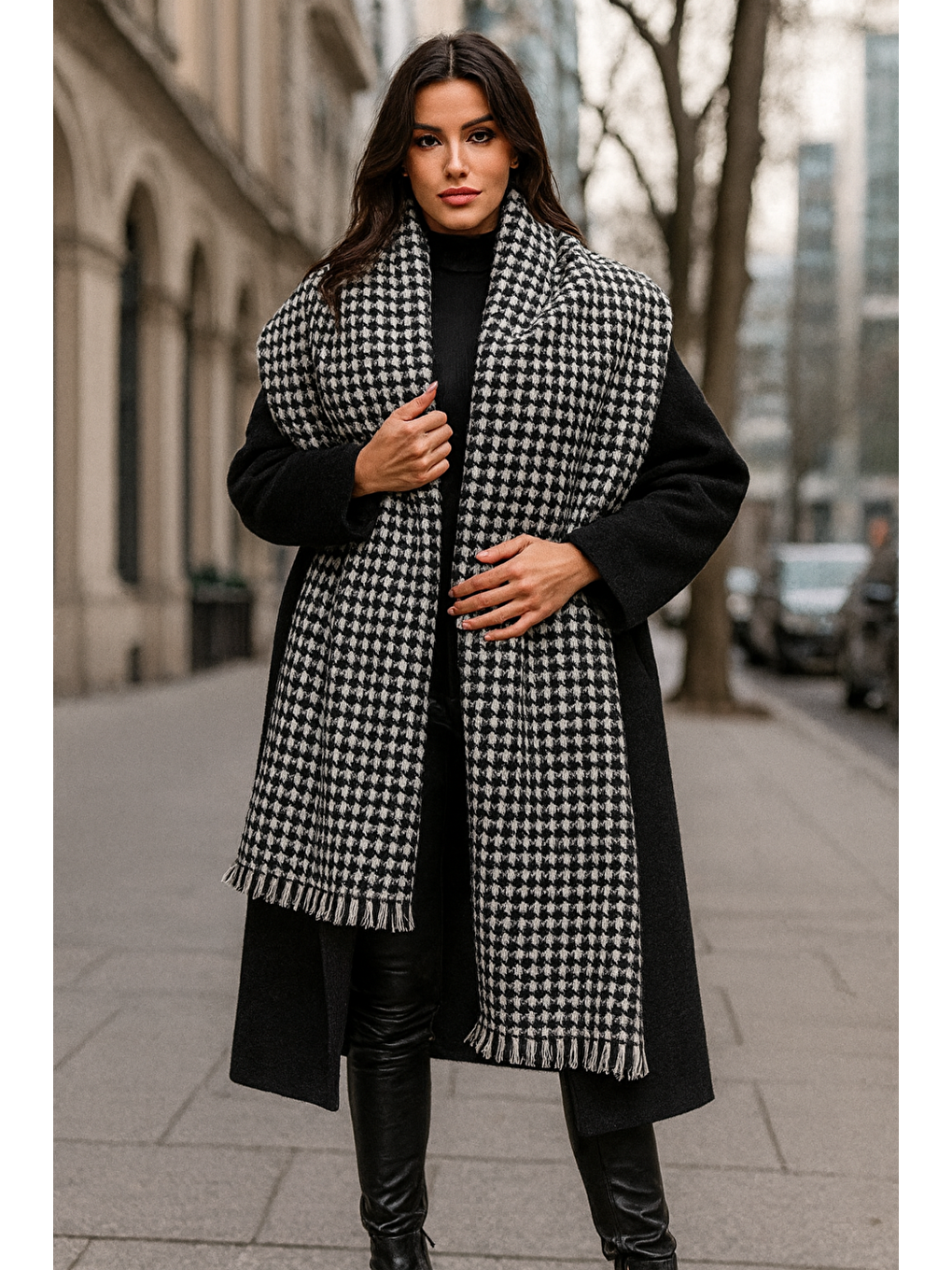 Kadın Siyah Kazayağı Desenli Atkı - Şal 70x180 Cm Sal1220-2