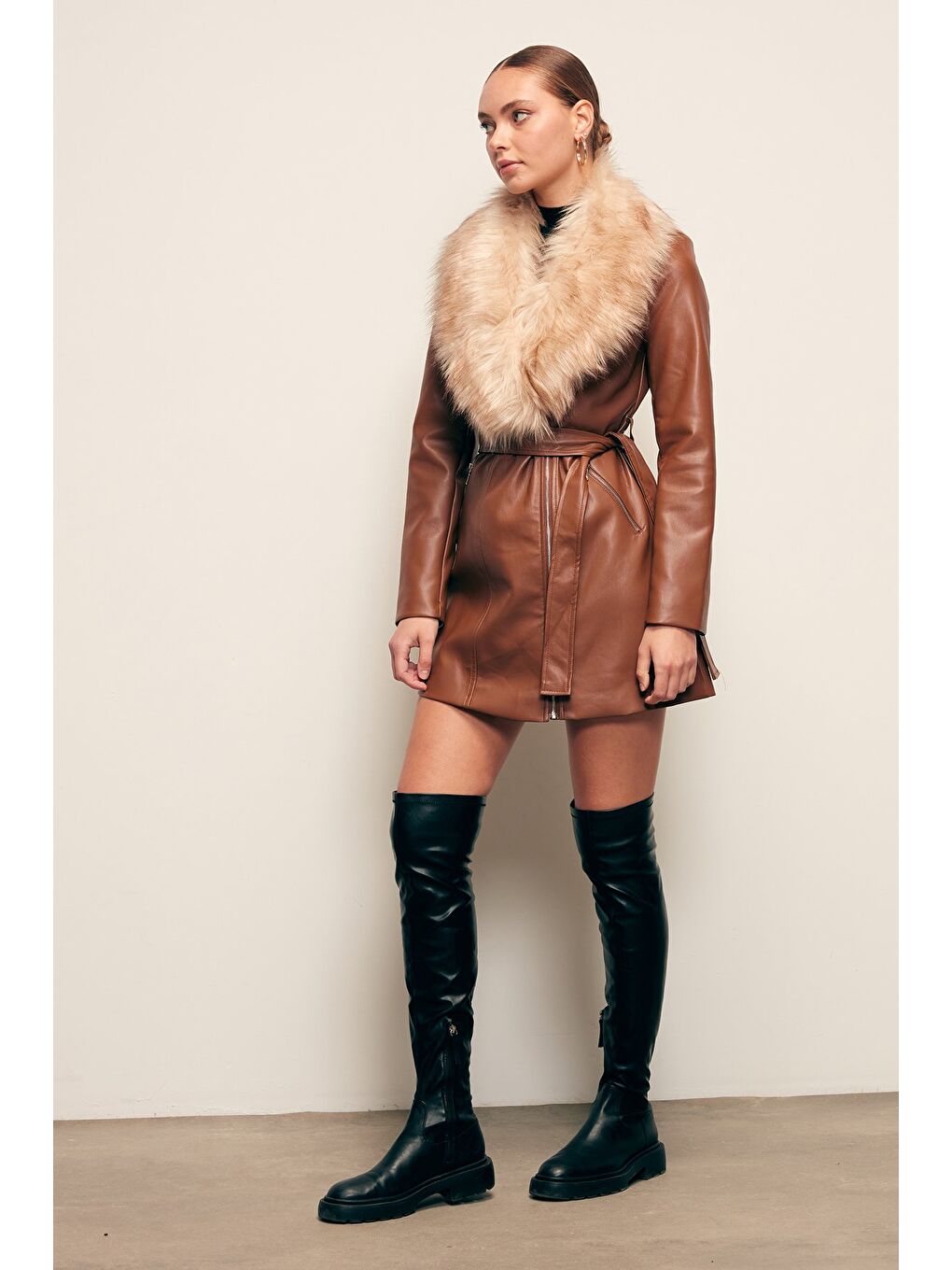 Kahverengi Kürk Detaylı Deri Ceket - Kahve