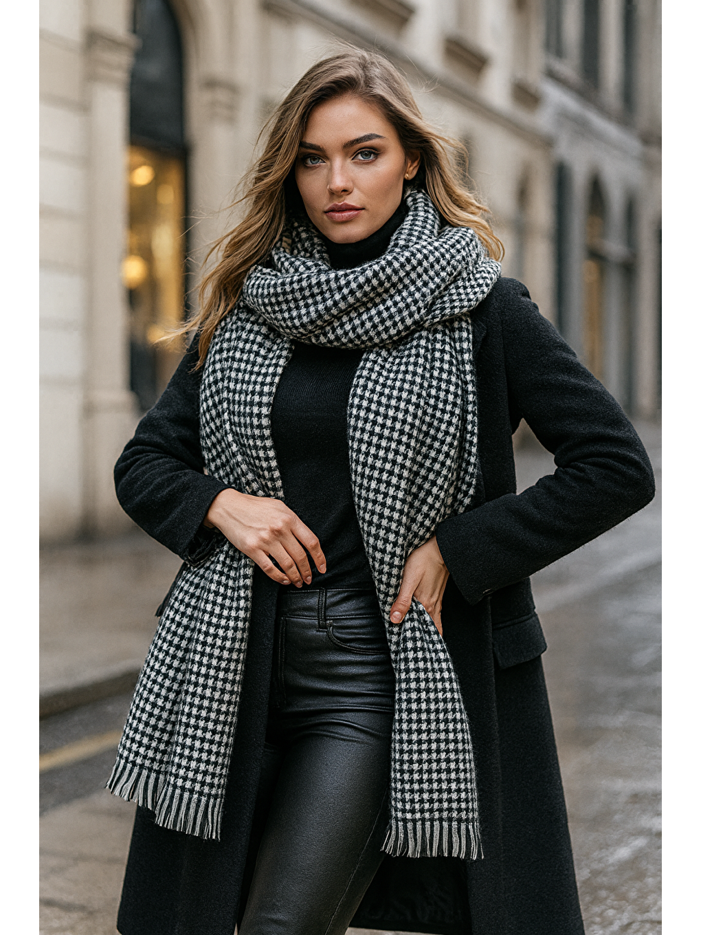 Kadın Siyah Kazayağı Desenli Atkı - Şal 70x180 Cm Sal1220-3