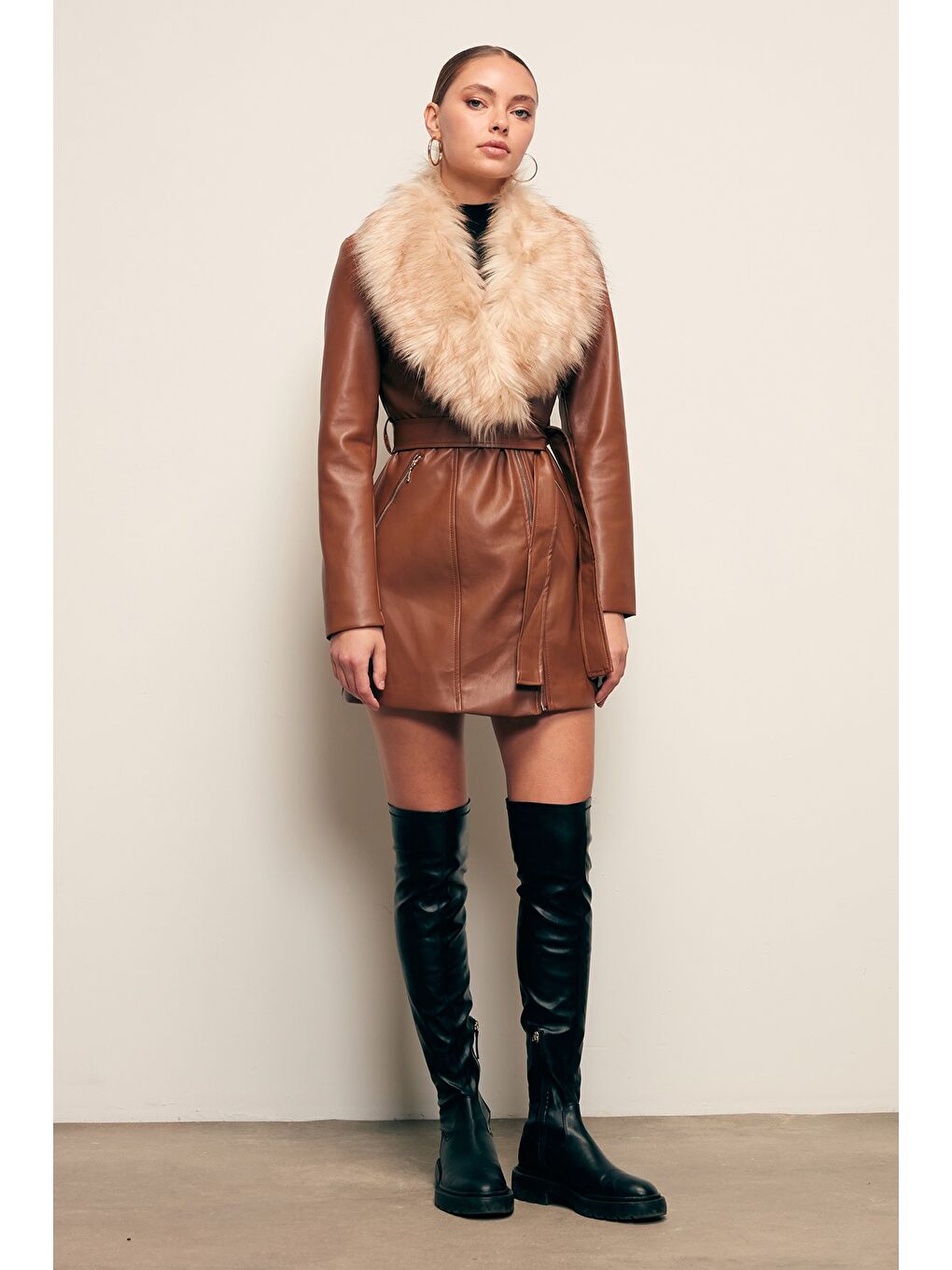 Kahverengi Kürk Detaylı Deri Ceket - Kahve-2