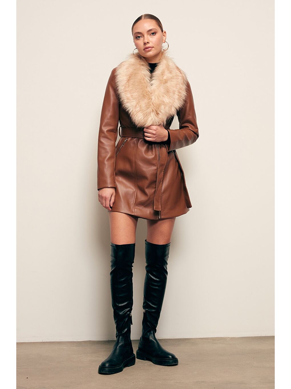 Kahverengi Kürk Detaylı Deri Ceket - Kahve-3