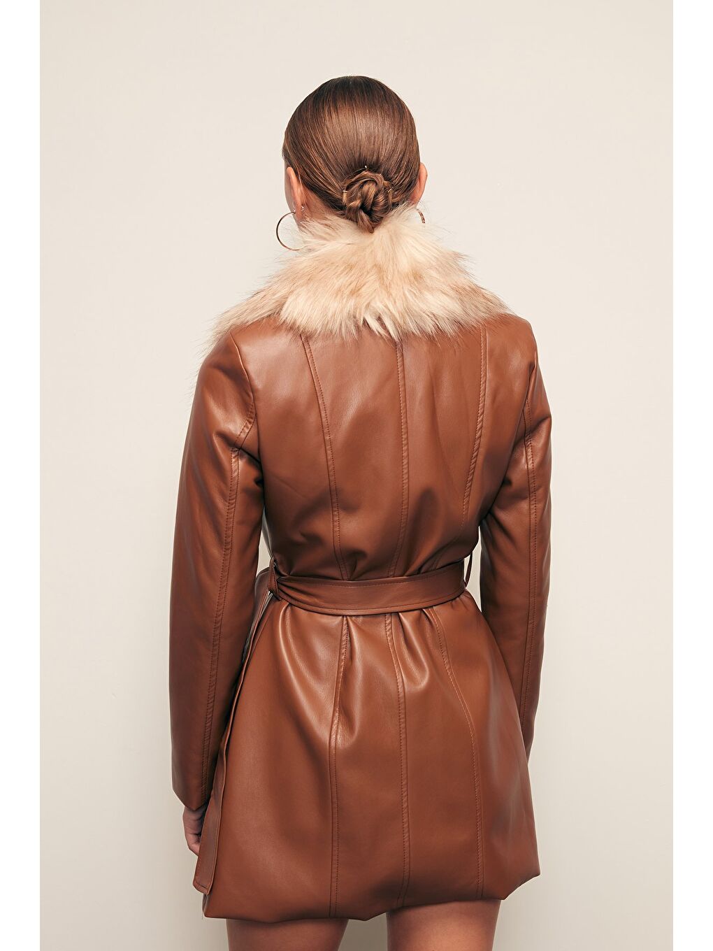 Kahverengi Kürk Detaylı Deri Ceket - Kahve-6