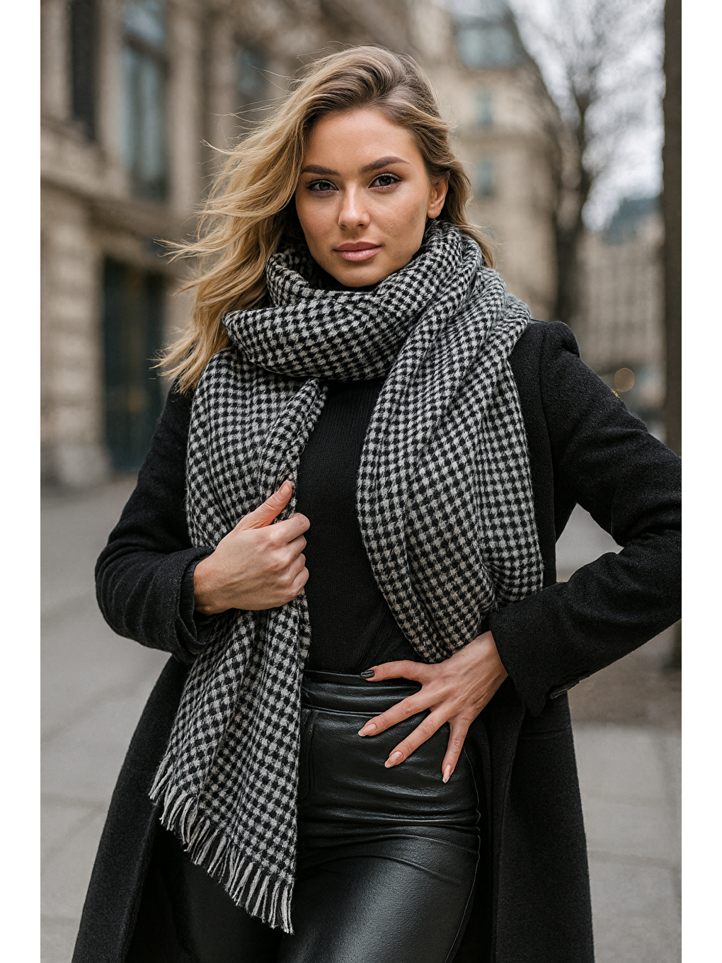 Kadın Siyah Kazayağı Desenli Atkı - Şal 70x180 Cm Sal1220-5