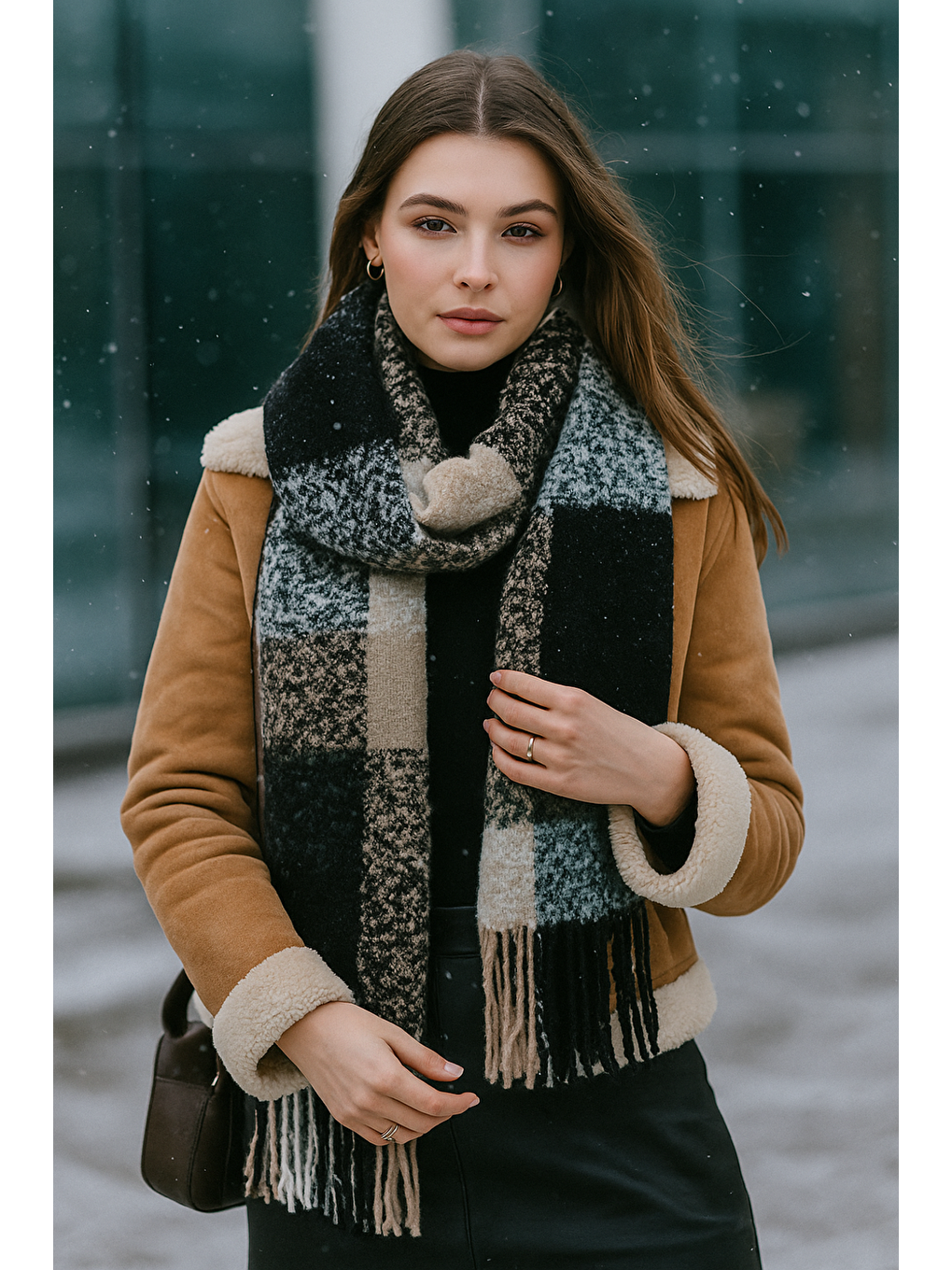 Kadın Siyah Kalın Buklet Atkı Şal 40x210 cm SAL1292-1