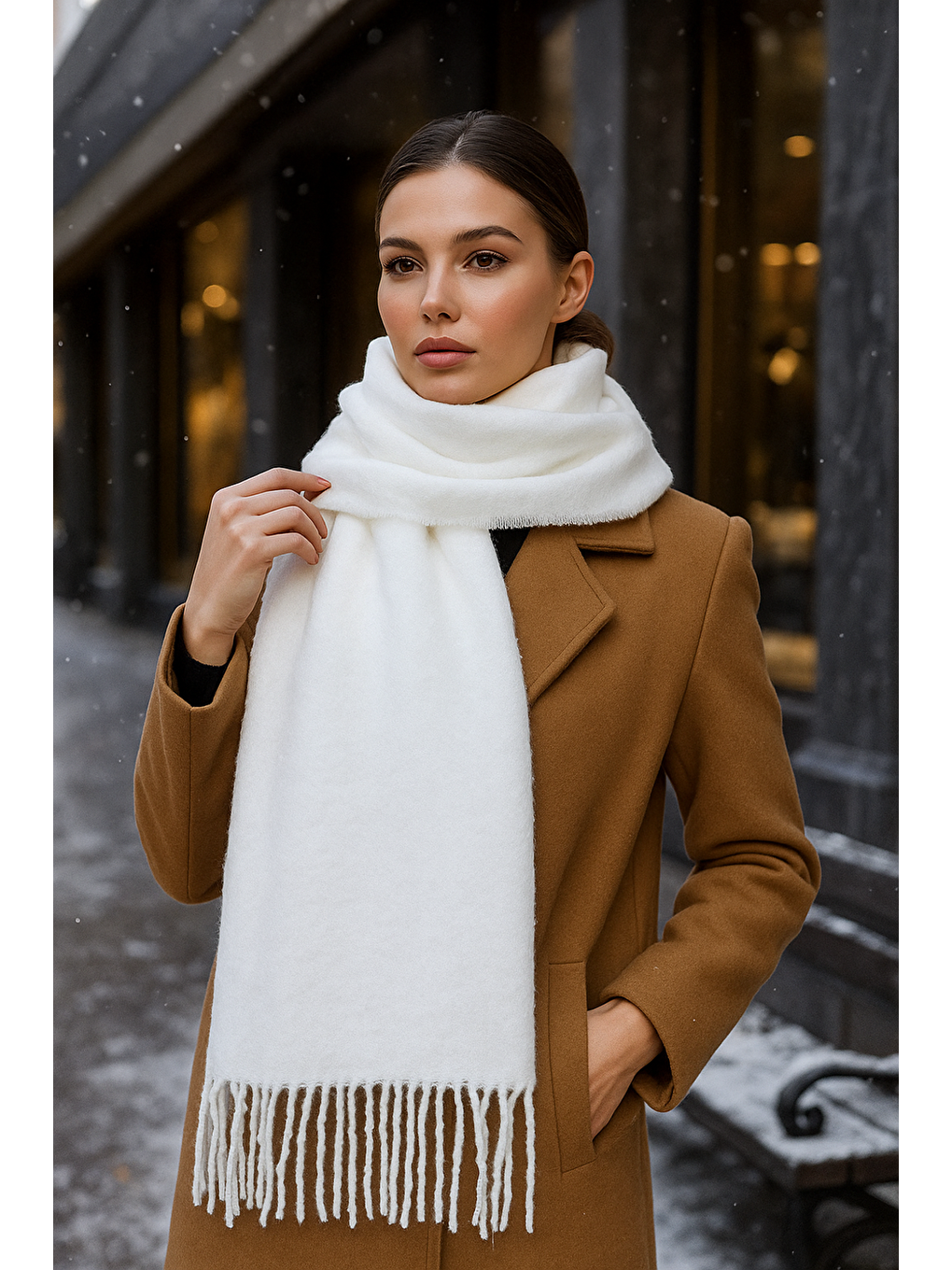 Kadın Ekru Püsküllü Buklet Atkı Şal SAL1257 40x210cm-1