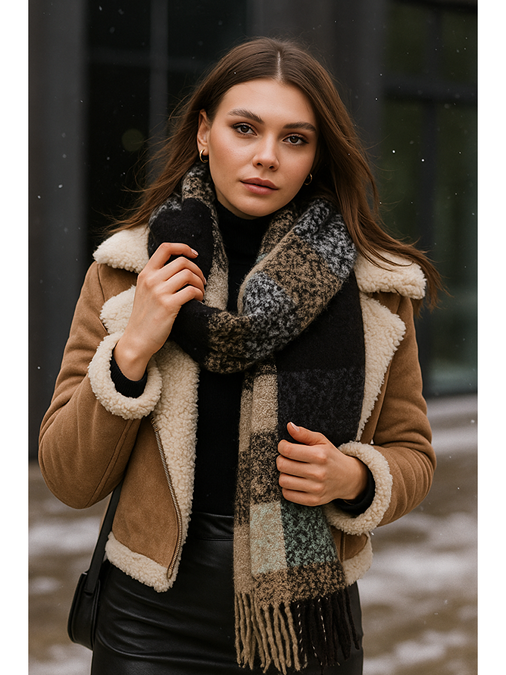 Kadın Siyah Kalın Buklet Atkı Şal 40x210 cm SAL1292-2