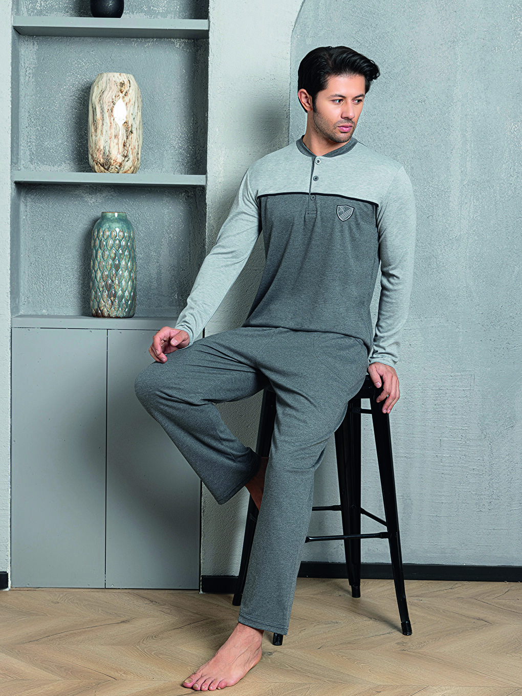 Gri Erkek Pijama Takımı İnterlok Önü Parçalı Pamuklu Mevsimlik-1