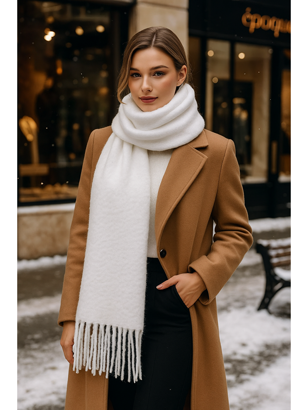 Kadın Ekru Püsküllü Buklet Atkı Şal SAL1257 40x210cm-2