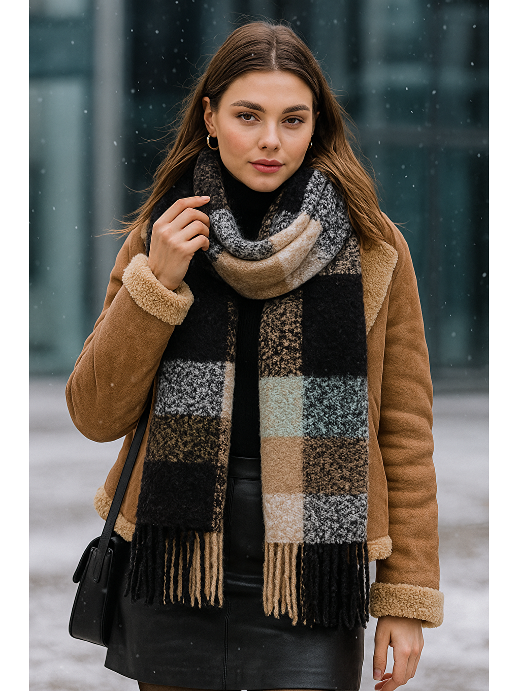 Kadın Siyah Kalın Buklet Atkı Şal 40x210 cm SAL1292-3