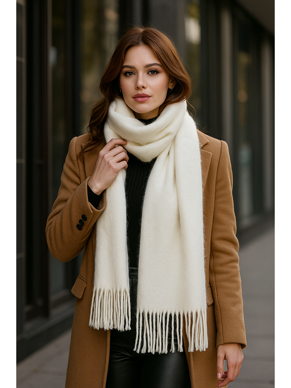 Uzun Ekru Kalın Dokulu Püsküllü Unisex Atkı Sıcak Ve Kış Nesnesi Sal1285