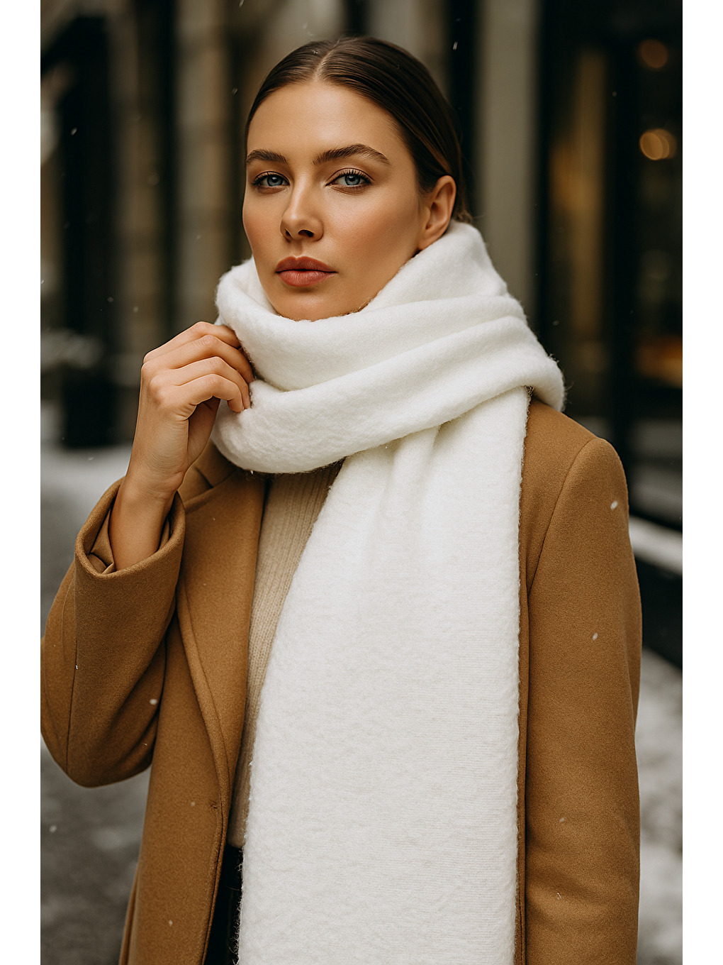 Kadın Ekru Püsküllü Buklet Atkı Şal SAL1257 40x210cm-3