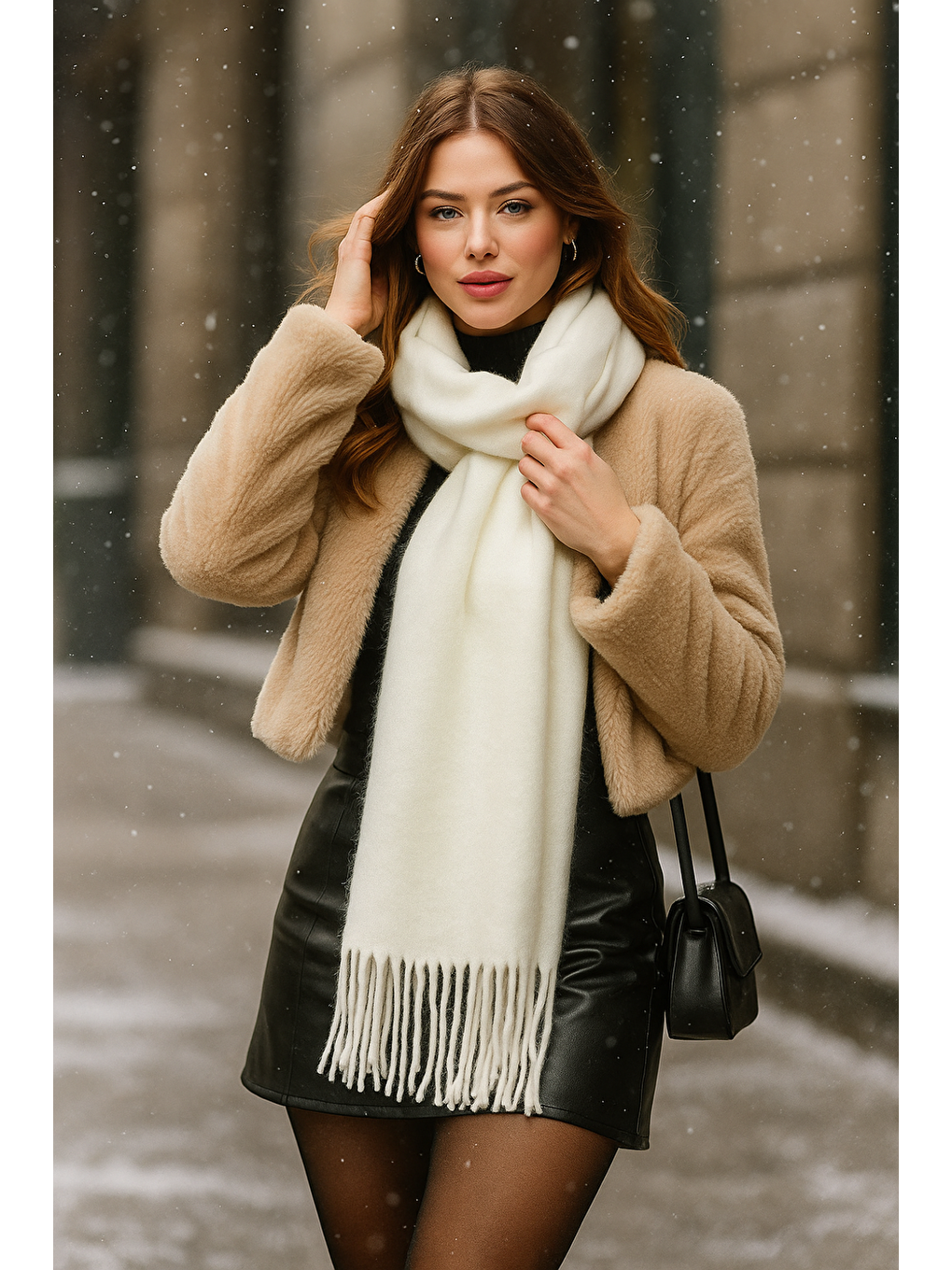 Uzun Ekru Kalın Dokulu Püsküllü Unisex Atkı Sıcak Ve Kış Nesnesi Sal1285-1