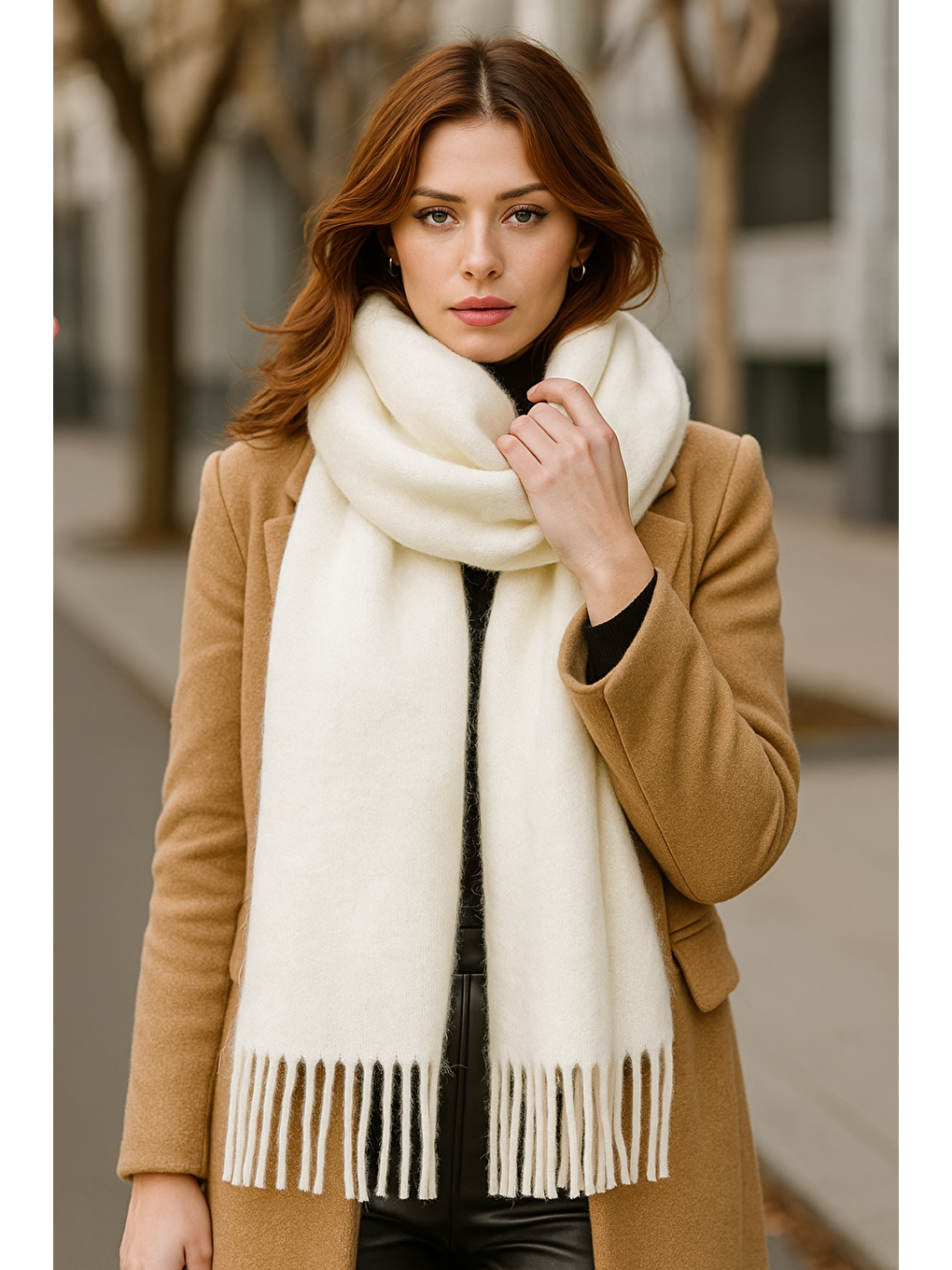 Uzun Ekru Kalın Dokulu Püsküllü Unisex Atkı Sıcak Ve Kış Nesnesi Sal1285-2