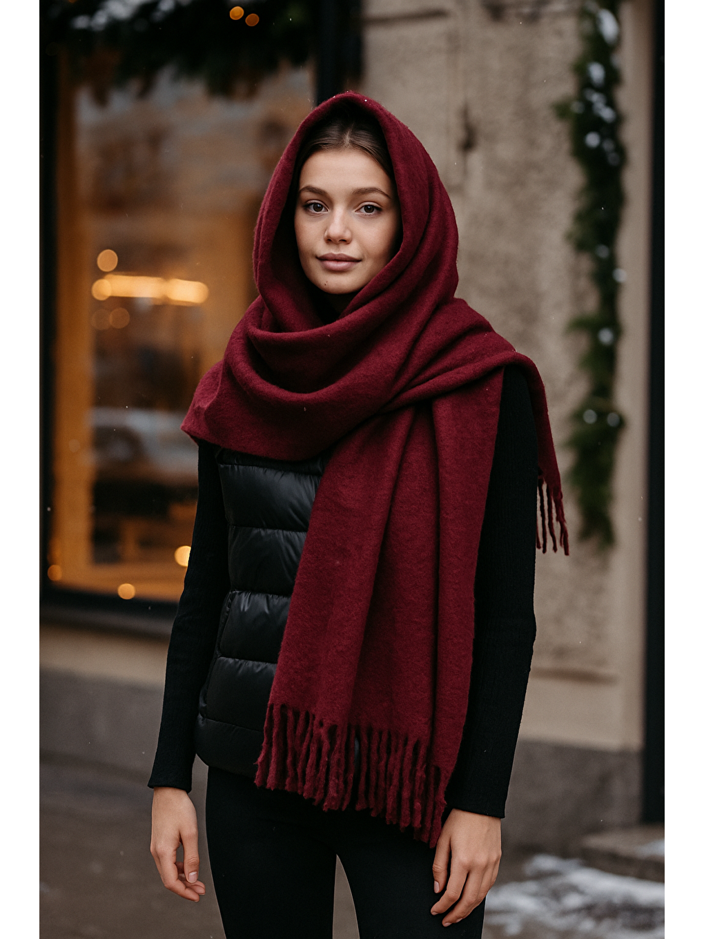 Kadın Bordo Düz Püsküllü Atkı Şal 45x210 Cm Sal1257