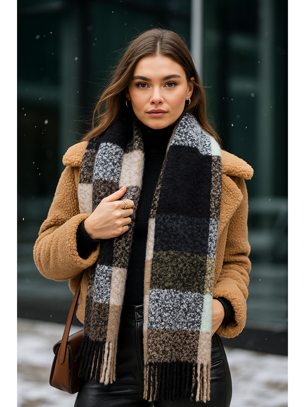 Kadın Siyah Kalın Buklet Atkı Şal 40x210 cm SAL1292-4