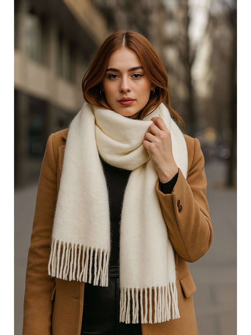 Uzun Ekru Kalın Dokulu Püsküllü Unisex Atkı Sıcak Ve Kış Nesnesi Sal1285-3