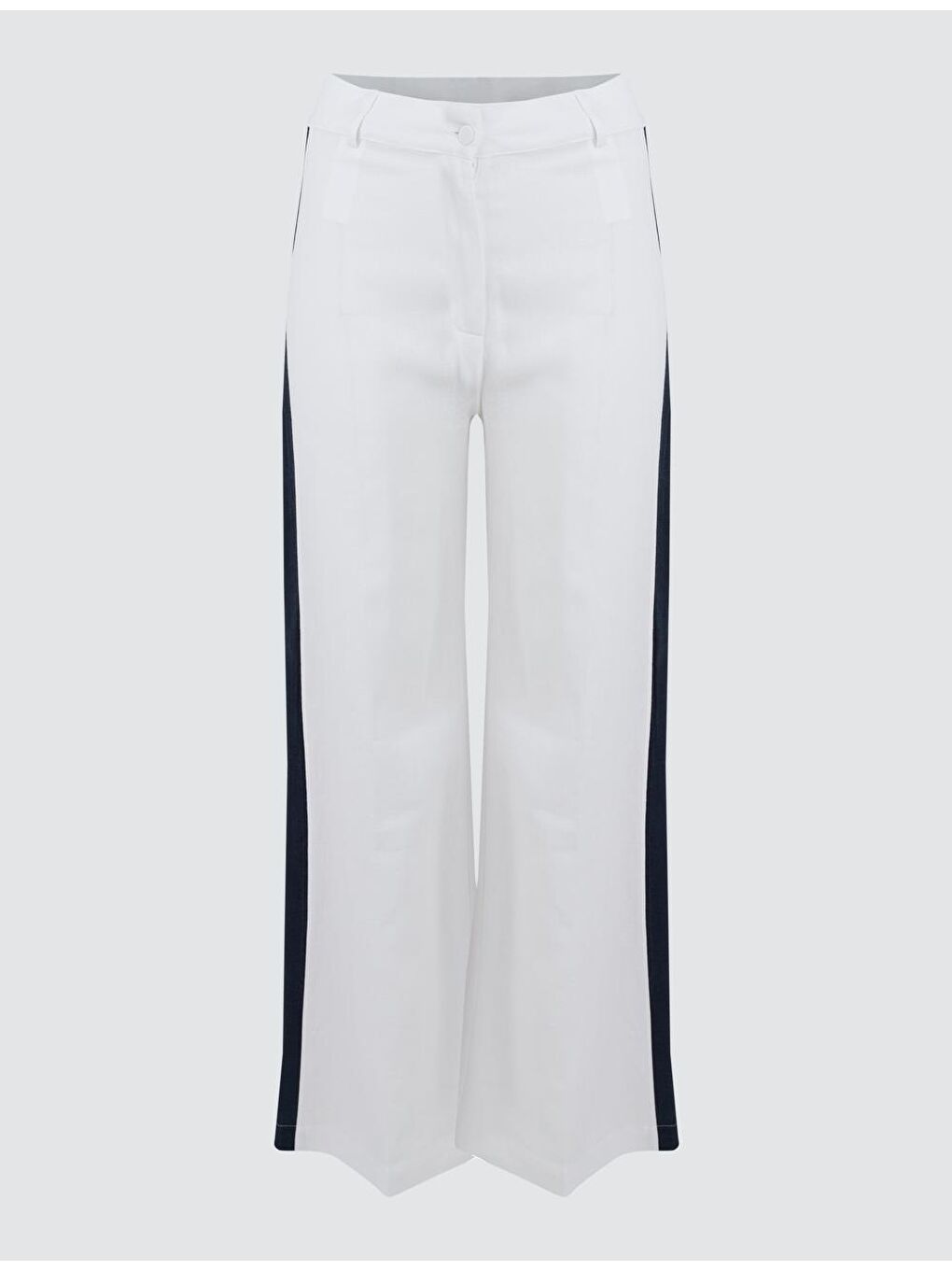 Beyaz Yüksek Bel Bol Paça Keten Pantolon-6