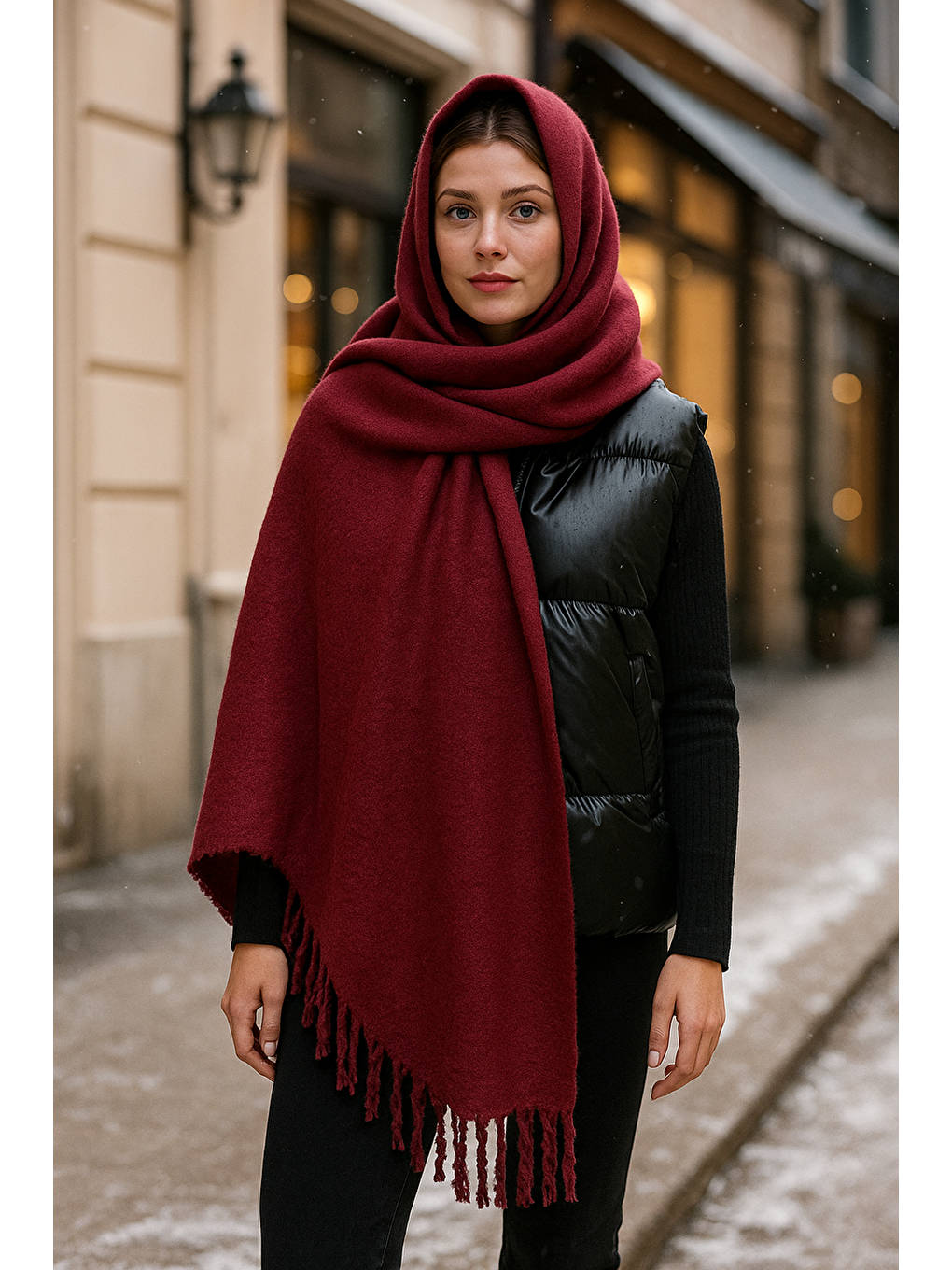 Kadın Bordo Düz Püsküllü Atkı Şal 45x210 Cm Sal1257-1