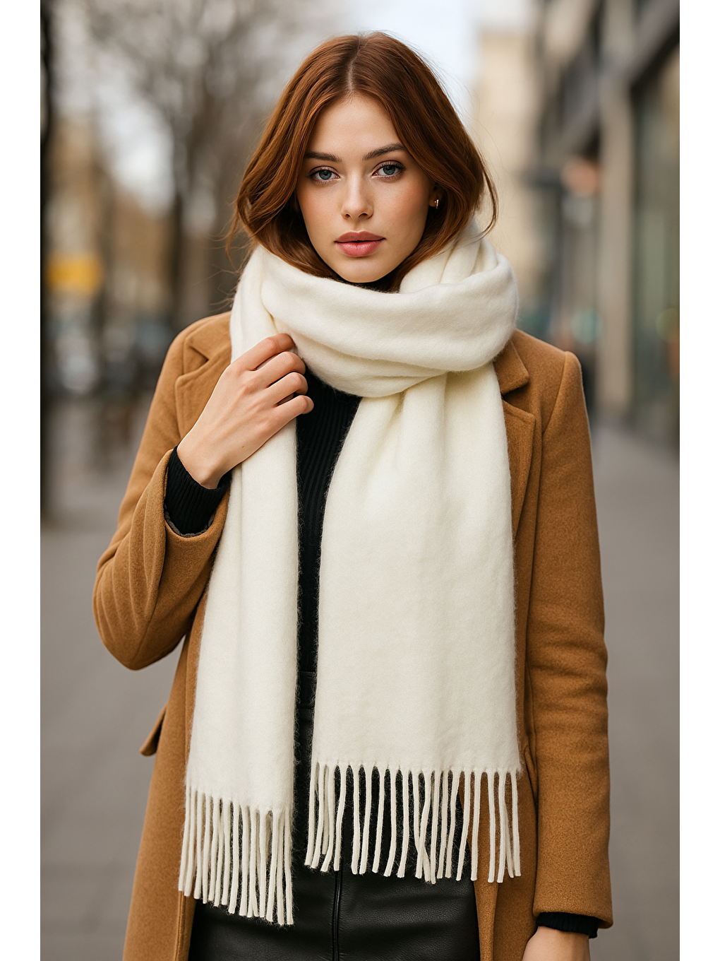 Uzun Ekru Kalın Dokulu Püsküllü Unisex Atkı Sıcak Ve Kış Nesnesi Sal1285-4