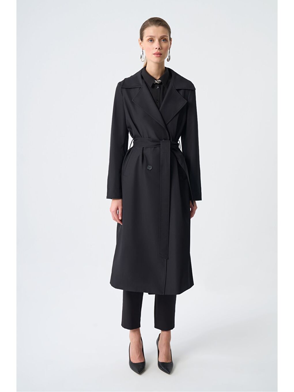 Basic Klasik Uzun Siyah Trençkot-3