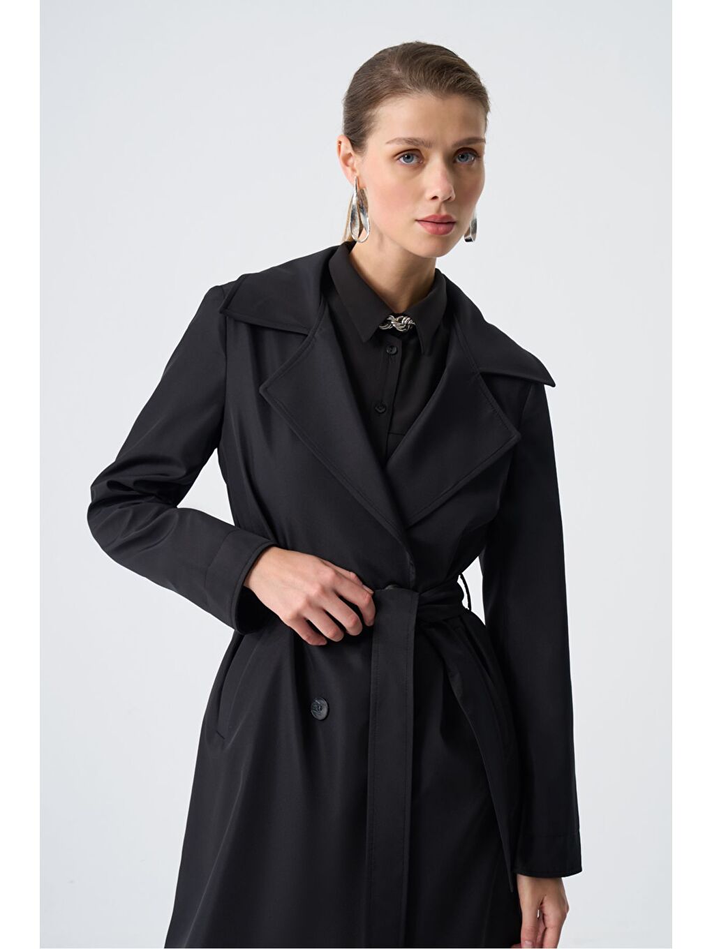 Basic Klasik Uzun Siyah Trençkot-6