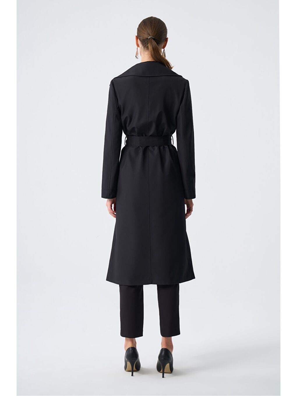 Basic Klasik Uzun Siyah Trençkot-7