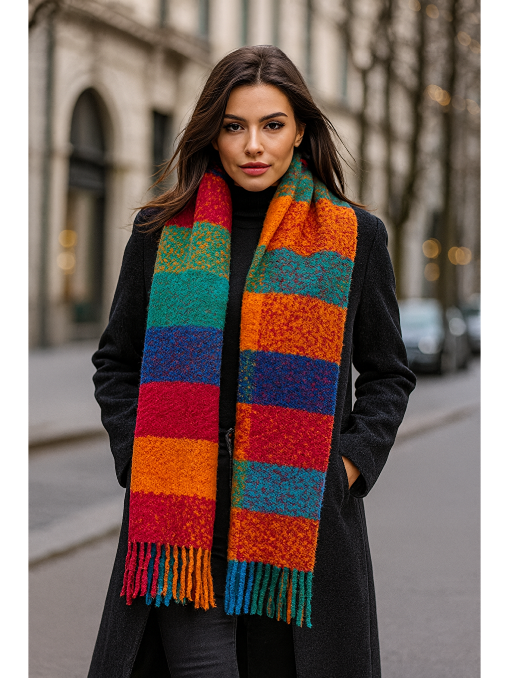 Kadın Kalın Turuncu Buklet Atkı Şal 40x210 cm SAL1292-3