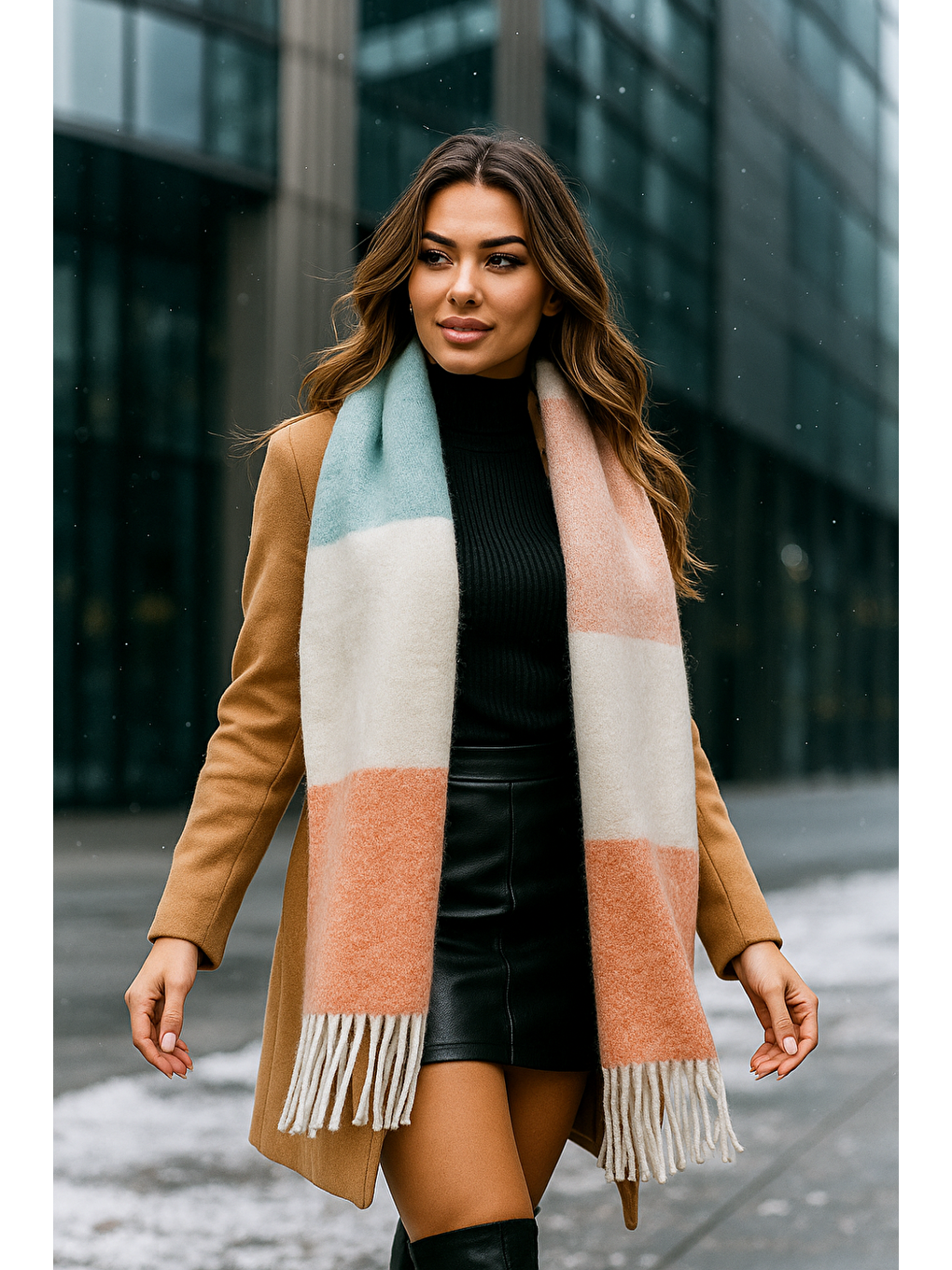 Pembe Kadın Kışlık Pudra Püsküllü Buklet Atkı - Şal 45x200 Cm Sal1290-1