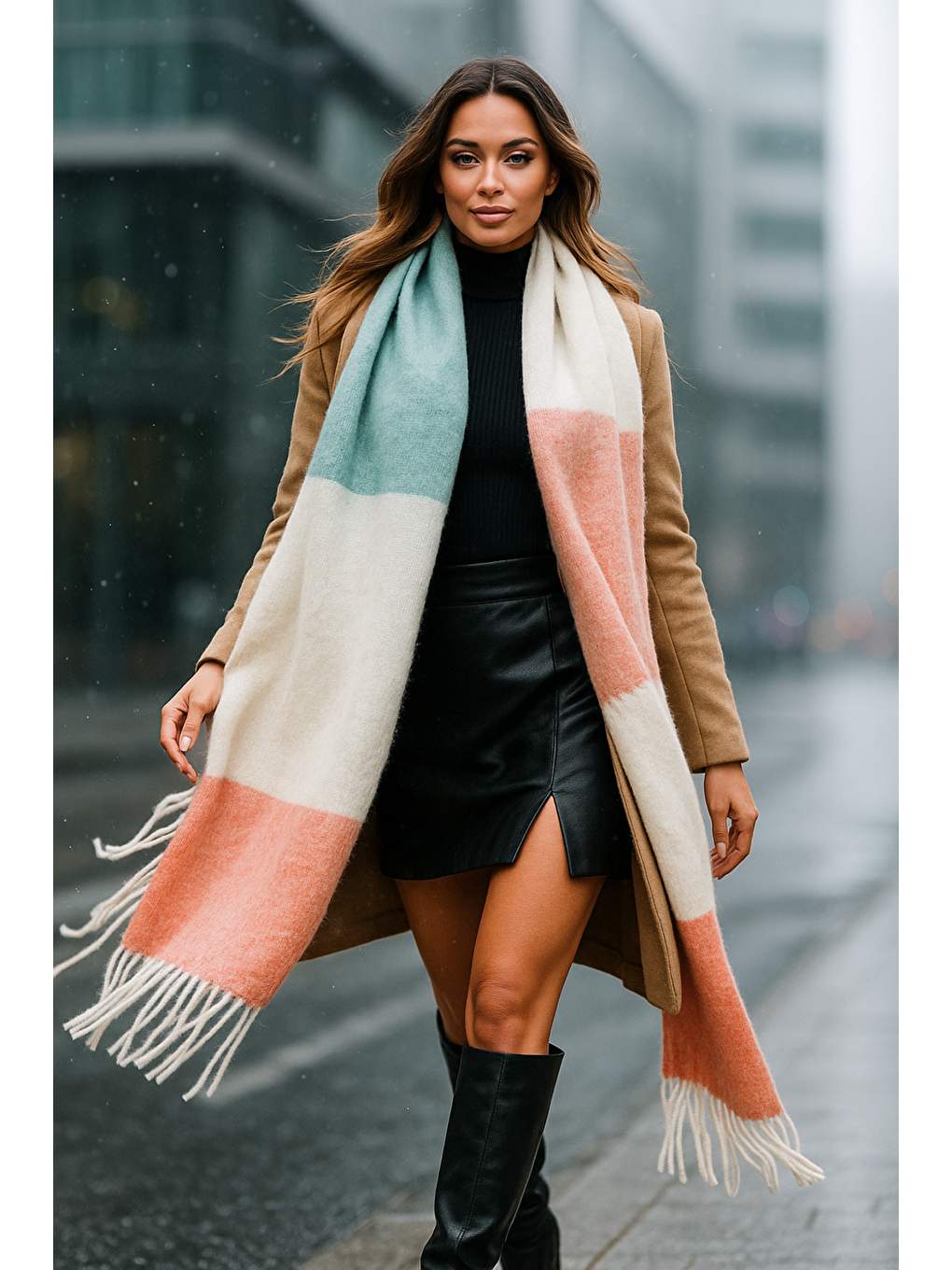 Pembe Kadın Kışlık Pudra Püsküllü Buklet Atkı - Şal 45x200 Cm Sal1290-2