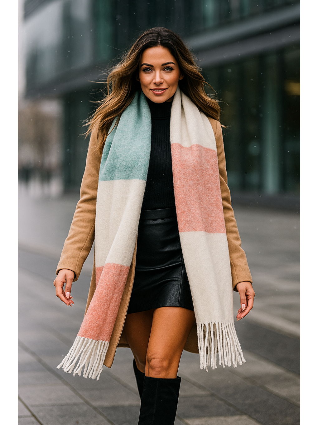 Pembe Kadın Kışlık Pudra Püsküllü Buklet Atkı - Şal 45x200 Cm Sal1290-3