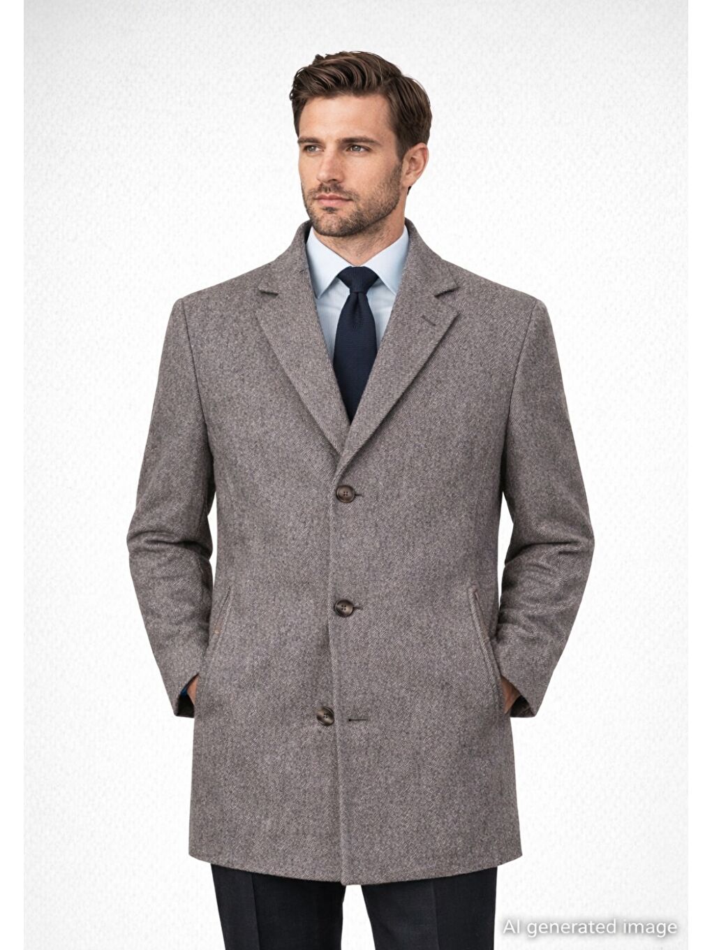 Kahverengi Slim Fit Ceket Yaka Yünlü Kaşe Palto