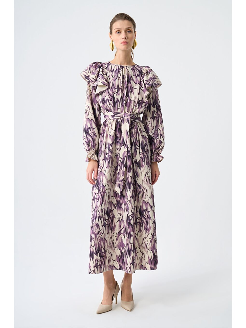 Kolu Fırfırlı Elips Mürdüm Elbise