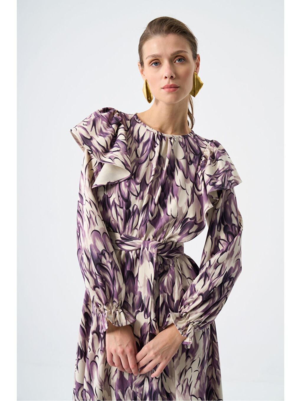 Kolu Fırfırlı Elips Mürdüm Elbise-2