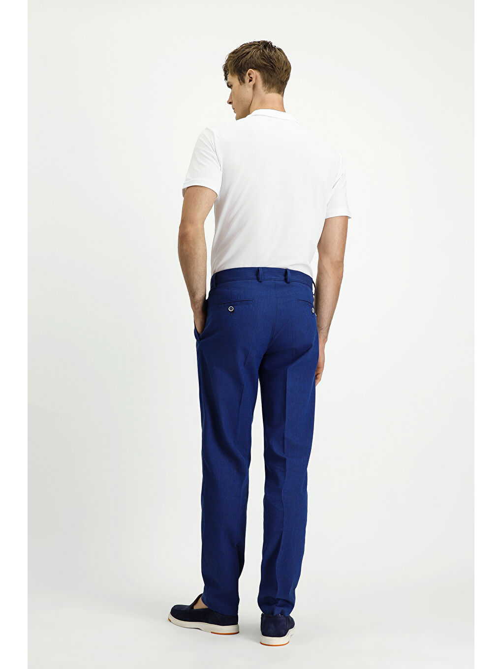 Mavi Çizgili Keten Karışımlı Pileli Klasik Kumaş Pantolon-2