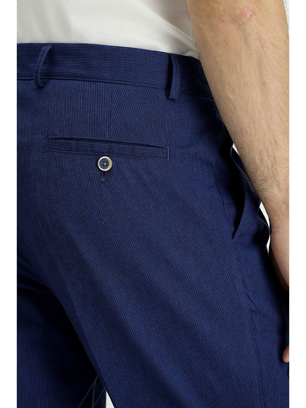 Mavi Çizgili Keten Karışımlı Pileli Klasik Kumaş Pantolon-4