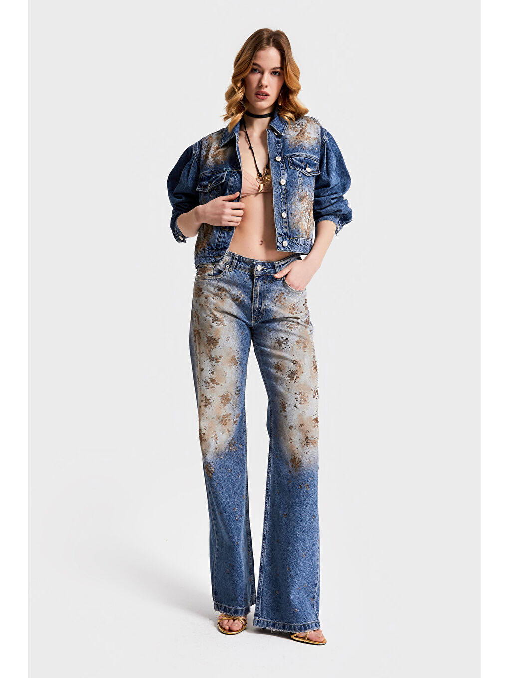 Mavi Kadın T.Kot Rengi 4S568 Parlak Taşlı Tasarım Baggy Flare Fit Denim