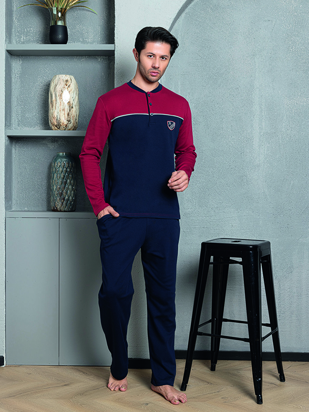 Bordo Erkek Pijama Takımı İnterlok Önü Parçalı Pamuklu Mevsimlik