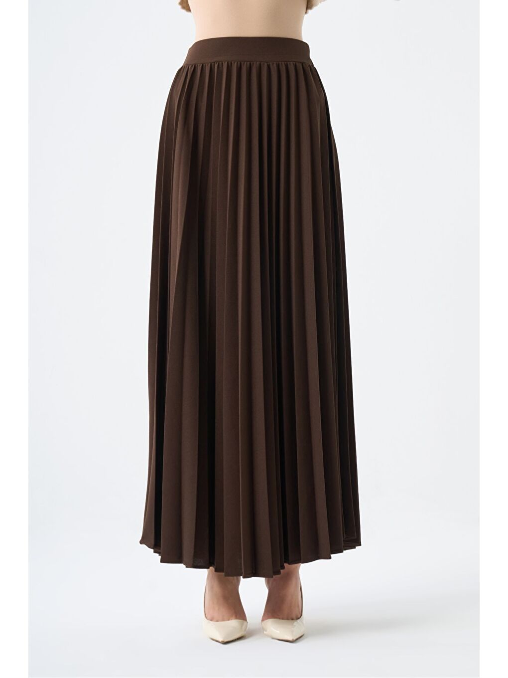 Kahverengi Basic Örme Pliseli Krep Kahve Etek-1