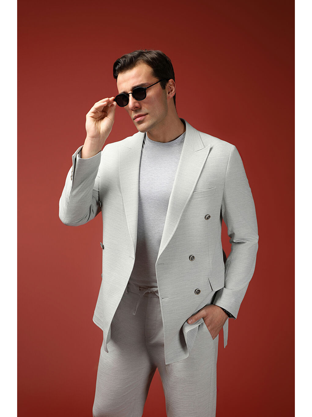 Gri Regular Fit Keten Karışımlı Beli Lastikli İpli Kuşaklı Kruvaze Takım Elbise-2