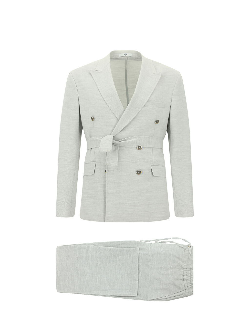 Gri Regular Fit Keten Karışımlı Beli Lastikli İpli Kuşaklı Kruvaze Takım Elbise-4