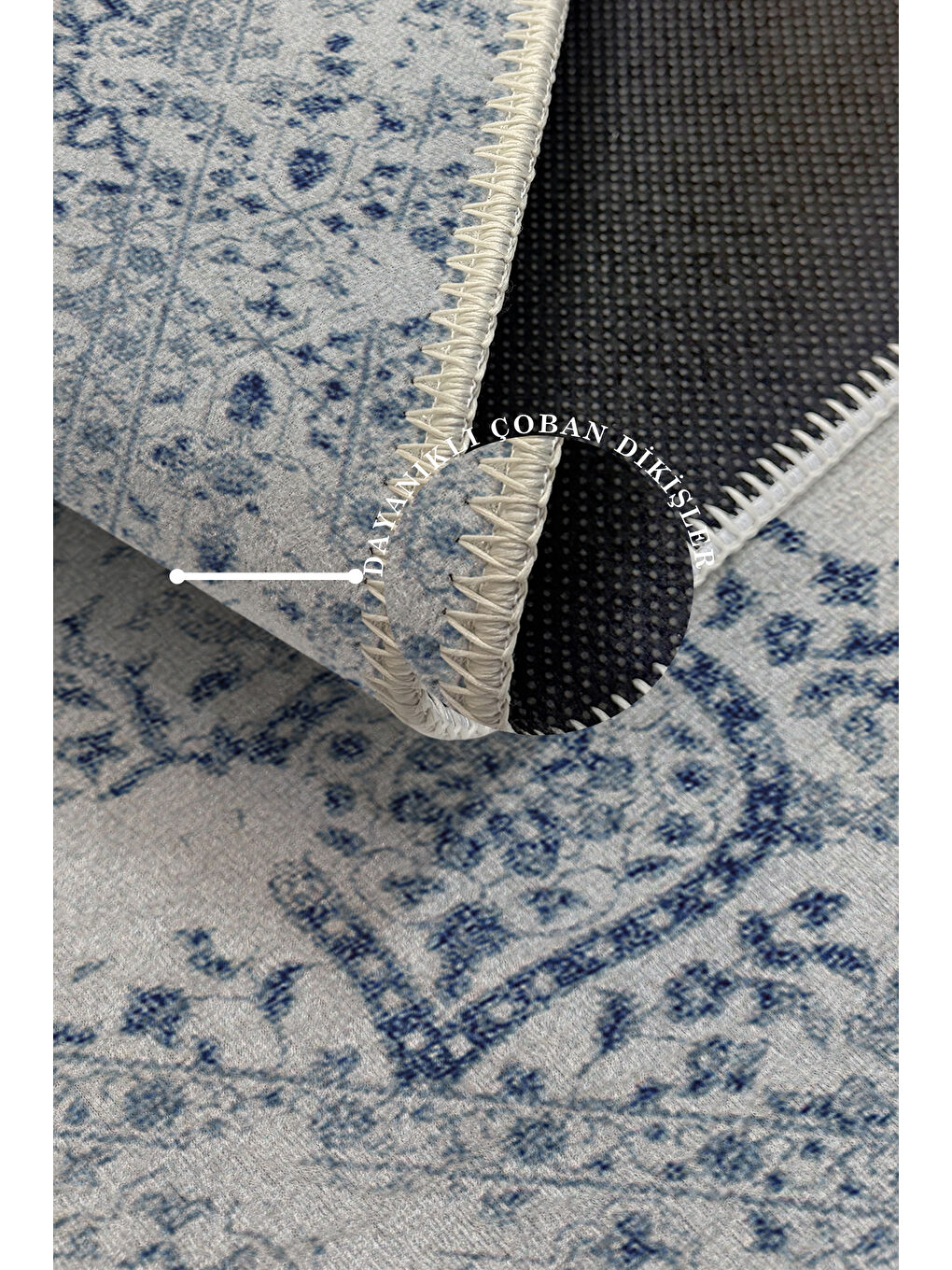 Mavi Dekoratif Özel Tasarım Yıkanabilir İnce Kaymaz Tabanlı Modern Halı KECE FR13-3