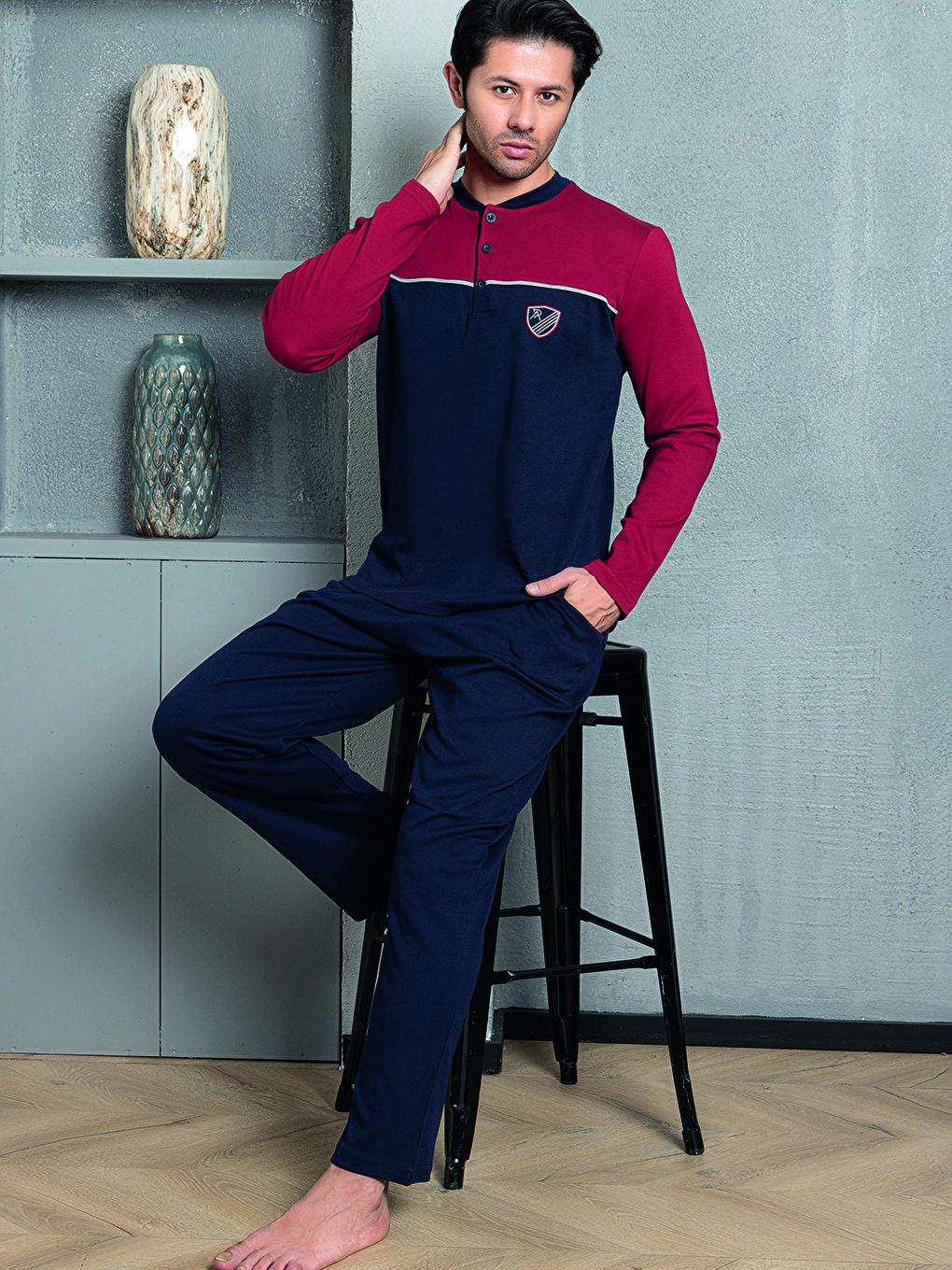 Bordo Erkek Pijama Takımı İnterlok Önü Parçalı Pamuklu Mevsimlik-1