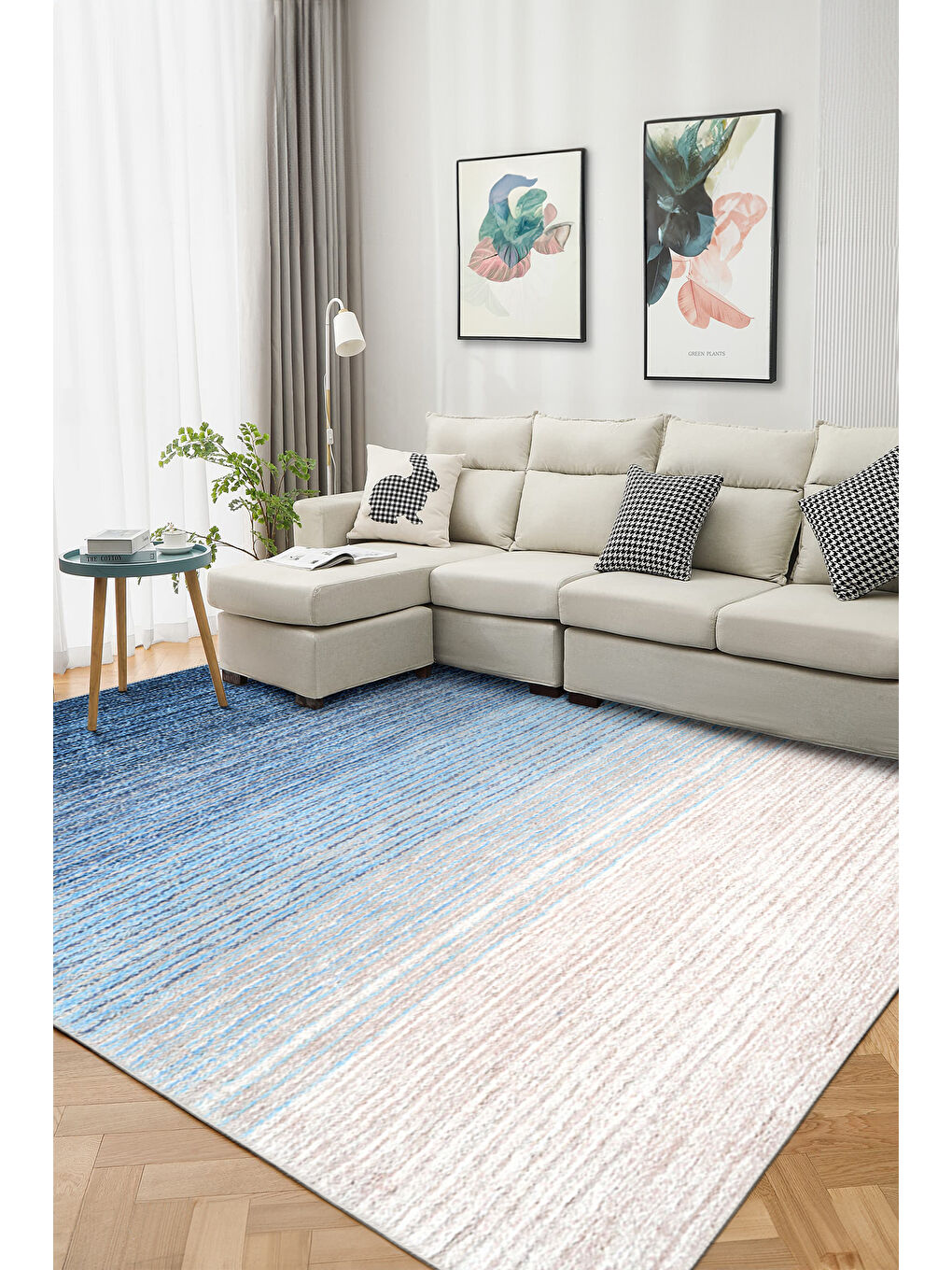 Mavi Dekoratif Özel Tasarım Yıkanabilir İnce Kaymaz Tabanlı Modern Halı KECE FR08-2