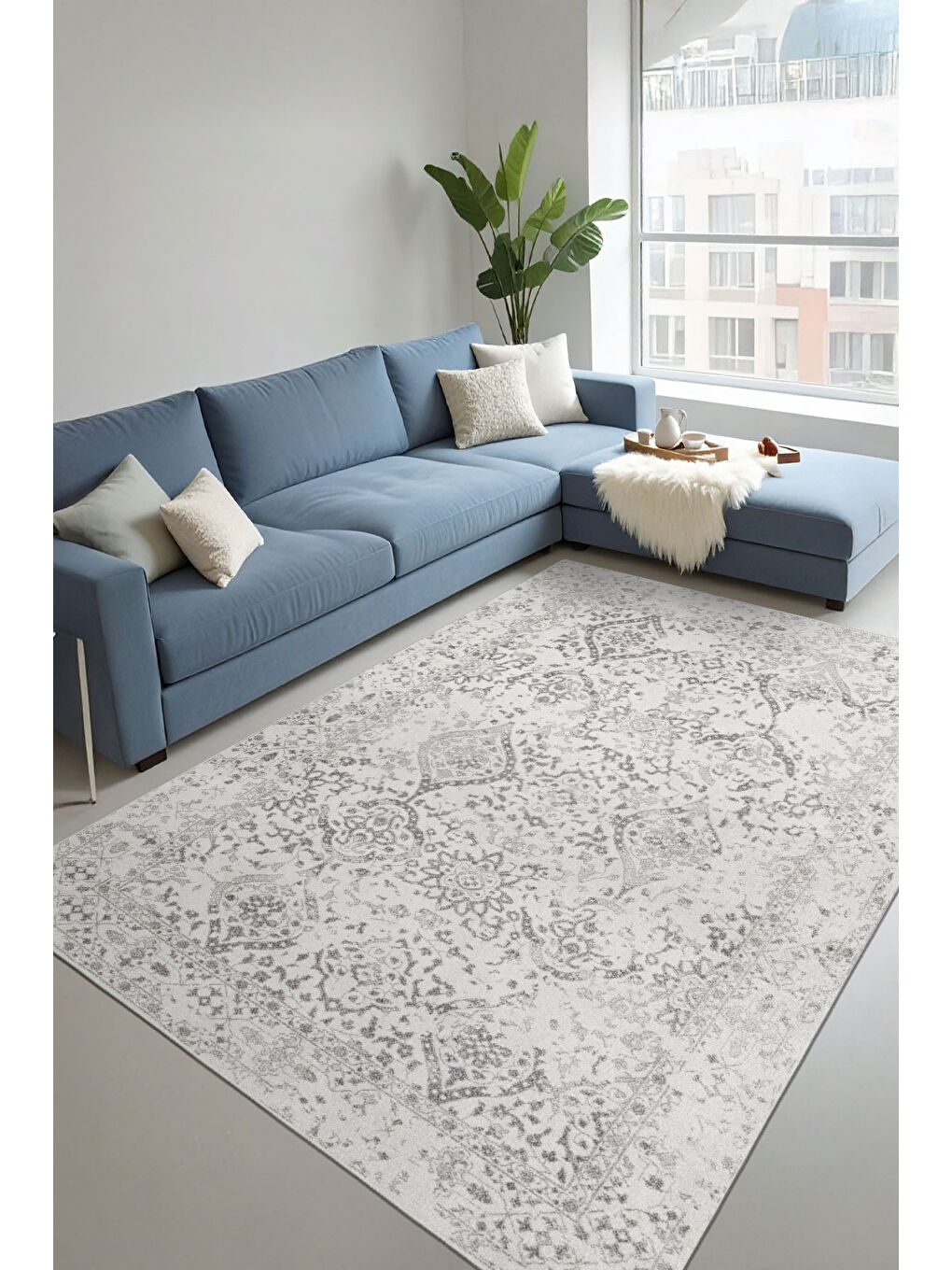 Gri Dekoratif Özel Tasarım Yıkanabilir İnce Kaymaz Tabanlı Modern Halı KECE FR07-1