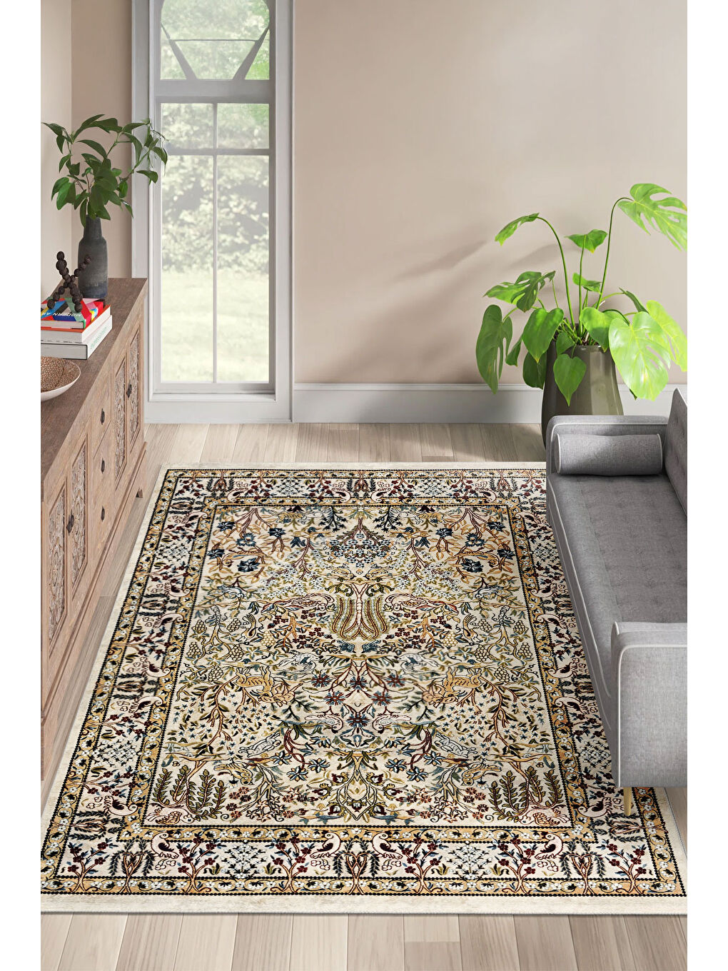 Ekru Dekoratif Özel Tasarım Yıkanabilir İnce Kaymaz Tabanlı Modern Halı KECE FR06-1